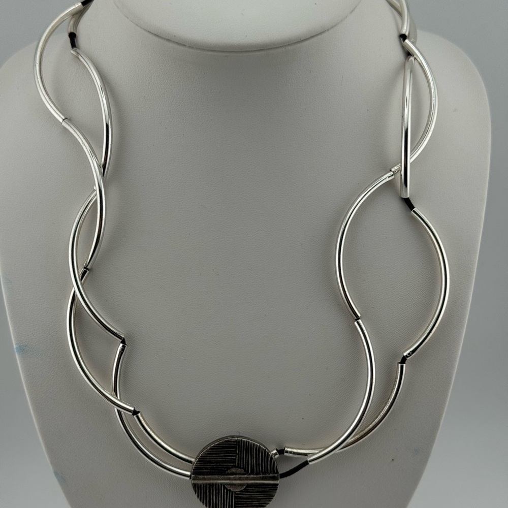 Lizzy James Layered Wavy Double Strand Black Leather Disc Pendant Necklace 20"